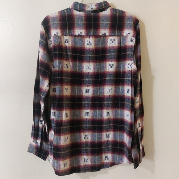 PacSun Womens Medium Burgundy Yellow "Care Free" Patch Plaid Flannel Button Up - Picture 6 of 11